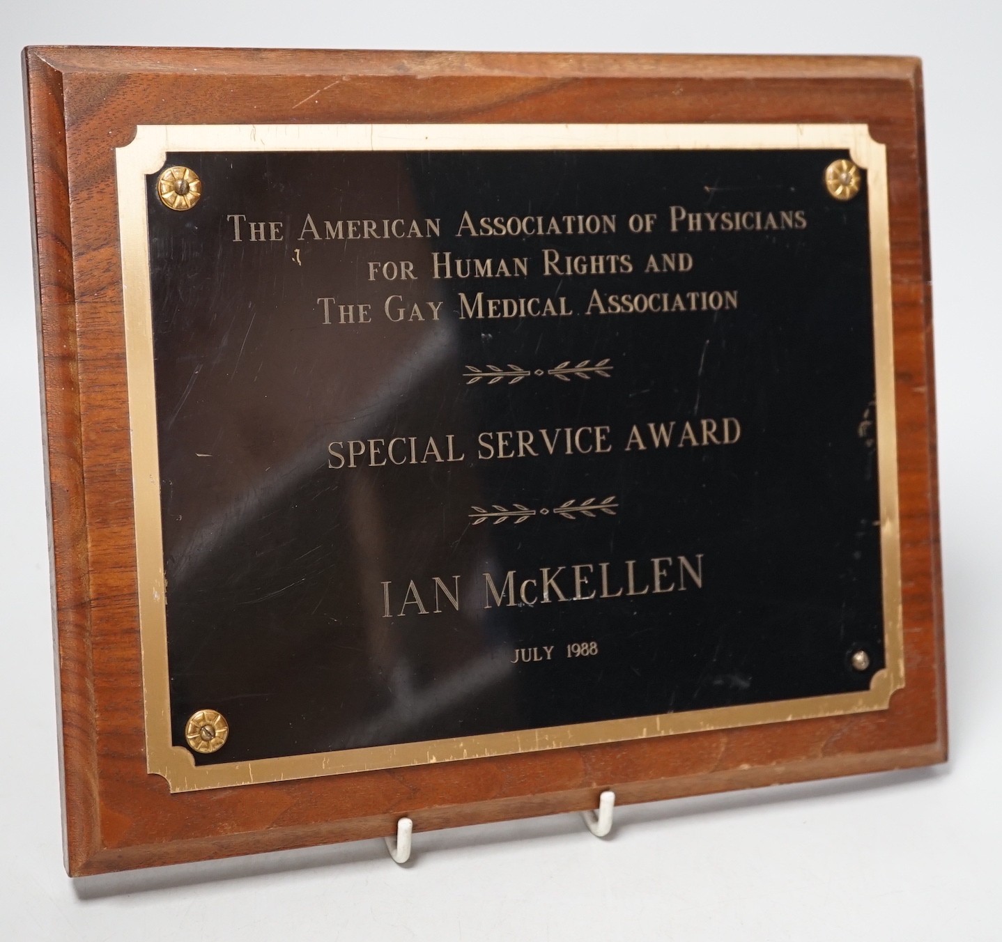 Ian McKellen, special service award from the American Association of Physicians for Human Rights and the Gay Medical Association, July 1988. 21 x 26cm